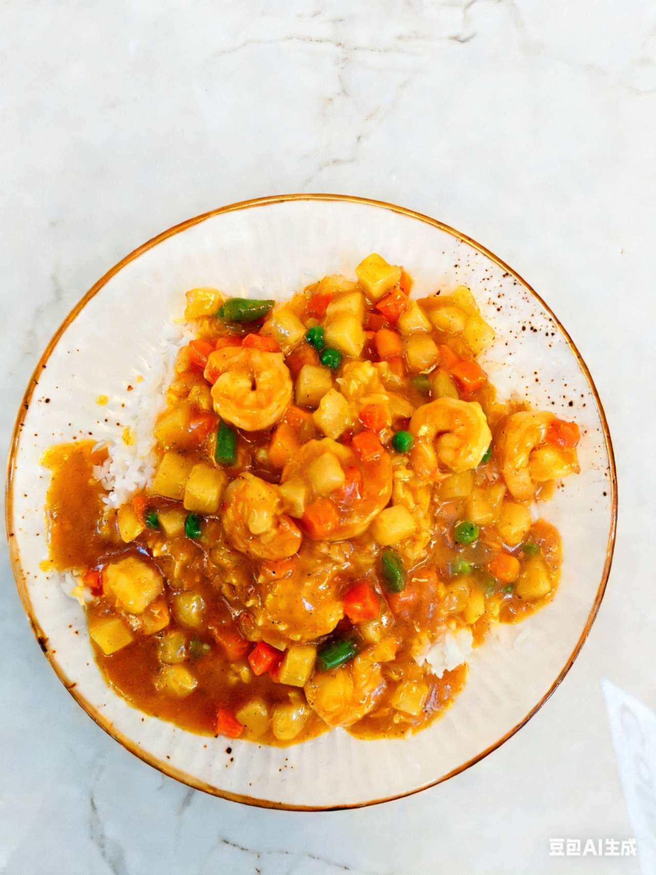 Arroz con gamba en salsa curry