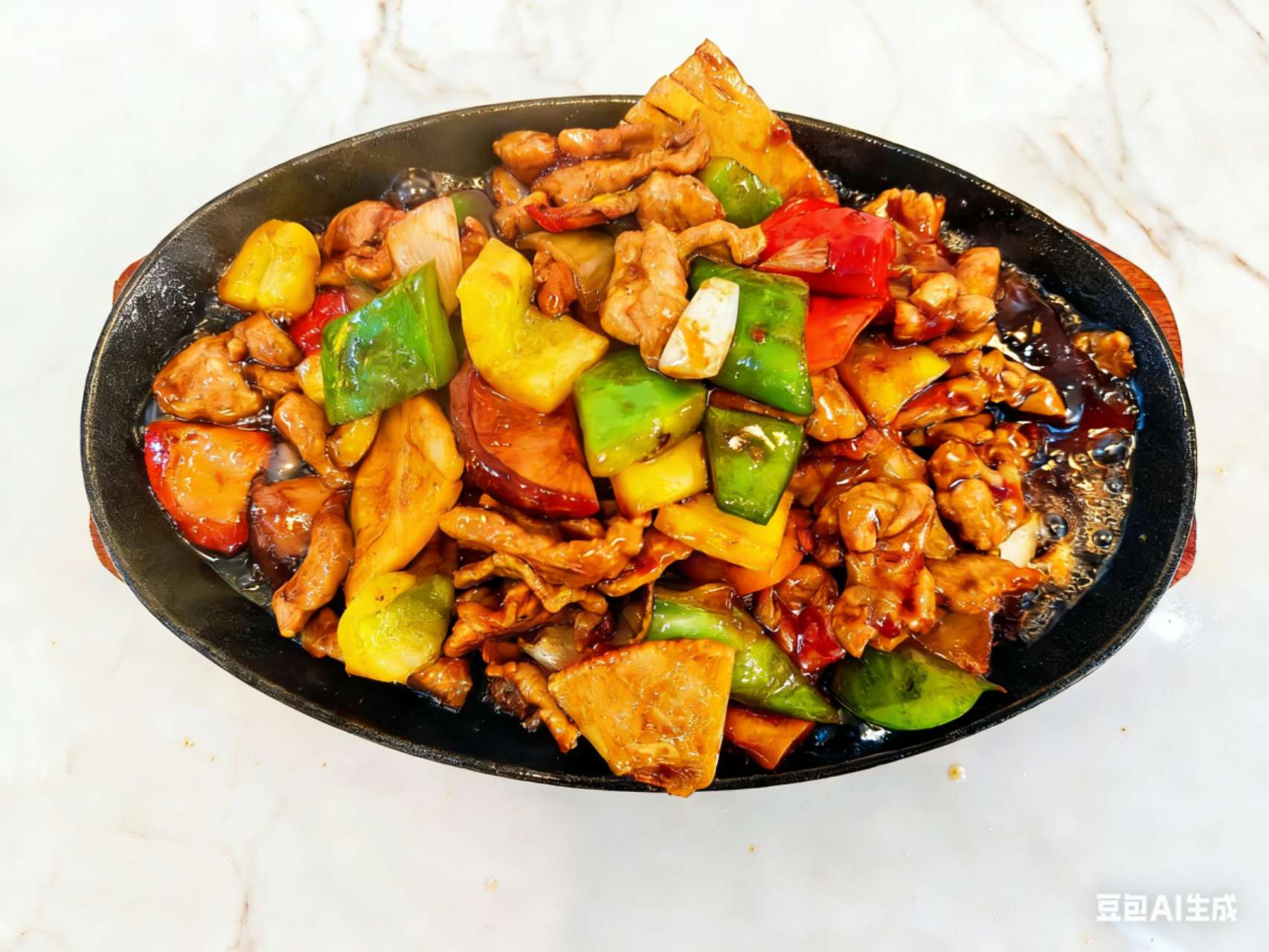 Pollo en fuente quemada al estilo chino